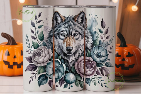 Teal Wolf Floral 20oz Tumbler Wrap Sublimation PixelChick 