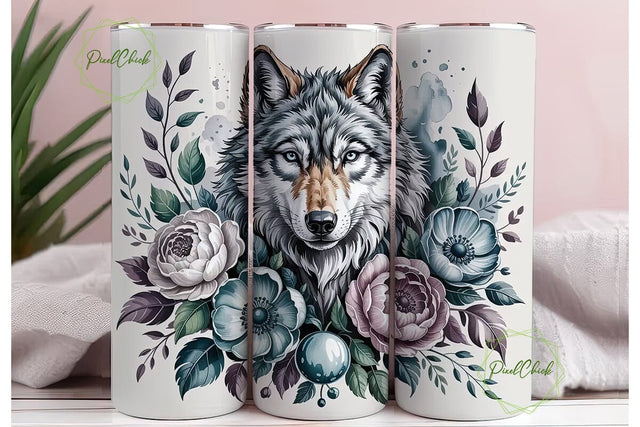 Teal Wolf Floral 20oz Tumbler Wrap Sublimation PixelChick 