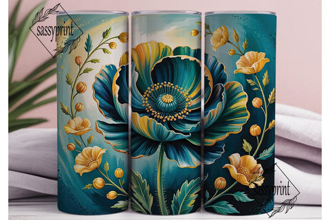 Teal & Yellow Poppy Floral Tumbler Wrap Sublimation sassyprint 