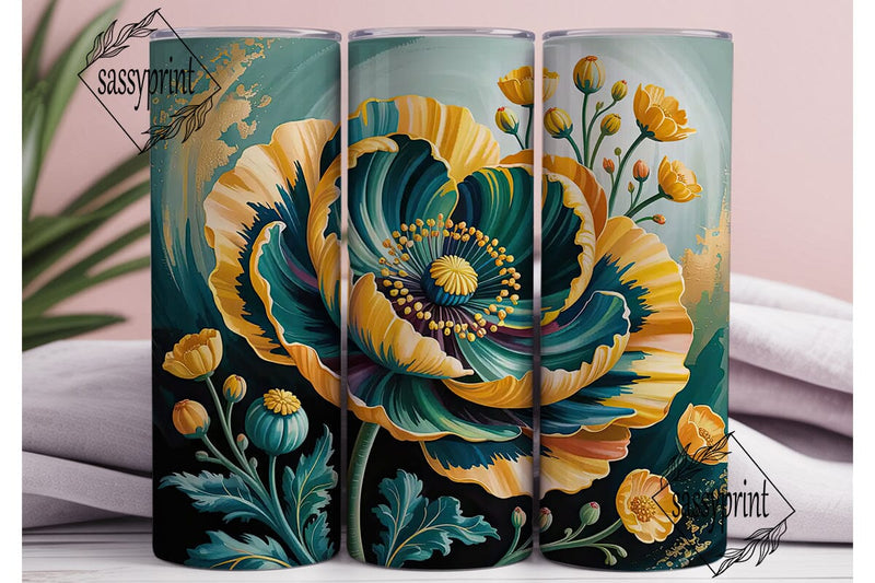 Teal & Yellow Poppy Floral Tumbler Wrap Sublimation sassyprint 