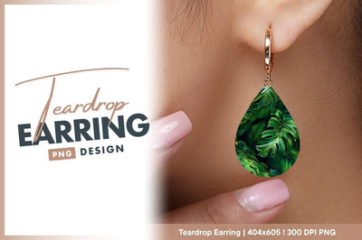 Teardrop earring png with green tropical leaves Sublimation Regulrcrative 