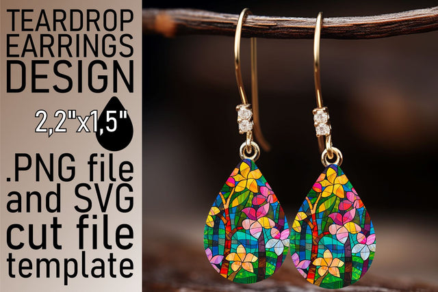 Teardrop Earrings Colorful Stained Glass Tree Art Sublimation afrosvg 