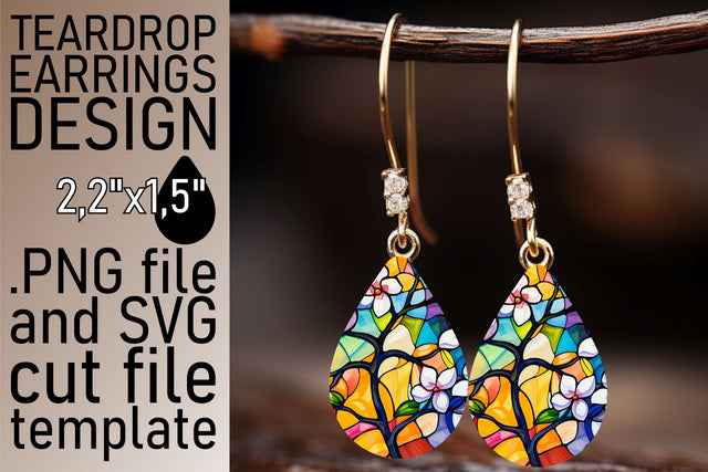 Teardrop Earrings Colorful Stained Glass Tree Art Sublimation afrosvg 