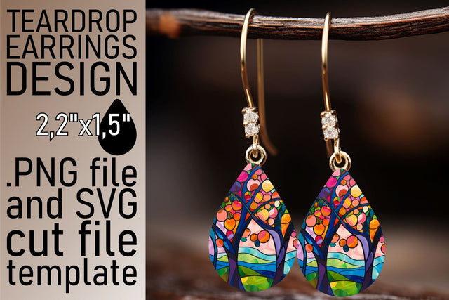 Teardrop Earrings Colorful Stained Glass Tree Design Sublimation afrosvg 