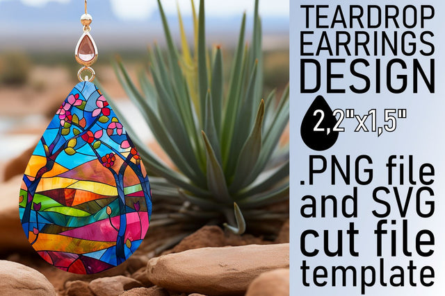 Teardrop Earrings Colorful Stained Glass Tree Design Sublimation afrosvg 
