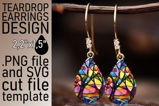 Teardrop Earrings Stained Glass Tree Colorful Design Sublimation afrosvg 