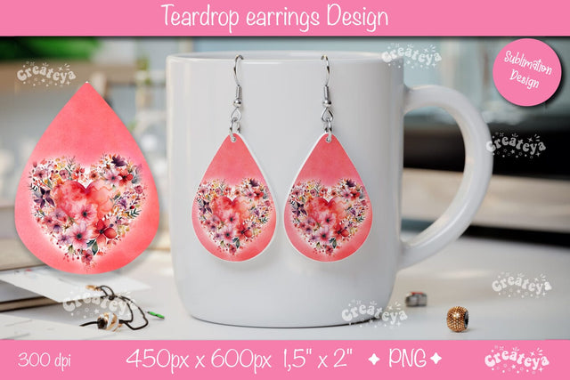 Teardrop Floral Earrings – Valentine’s Heart Print for Sublimation Sublimation Createya Design 