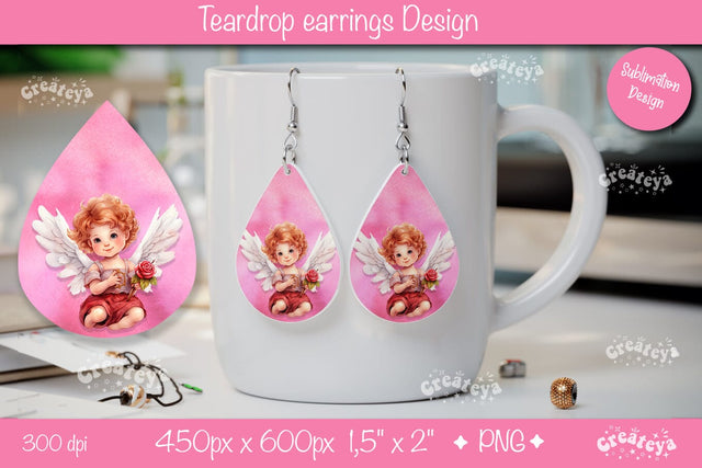 Teardrop Sublimation Design – Angel Watercolor Valentine Earrings Sublimation Createya Design 