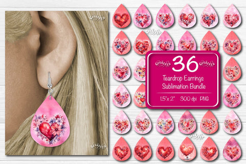 Teardrop Sublimation earring bundle Flower Heart Sublimation design Valentine Hearts Watercolor png Sublimation Createya Design 