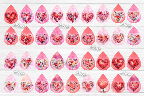 Teardrop Sublimation earring bundle Flower Heart Sublimation design Valentine Hearts Watercolor png Sublimation Createya Design 