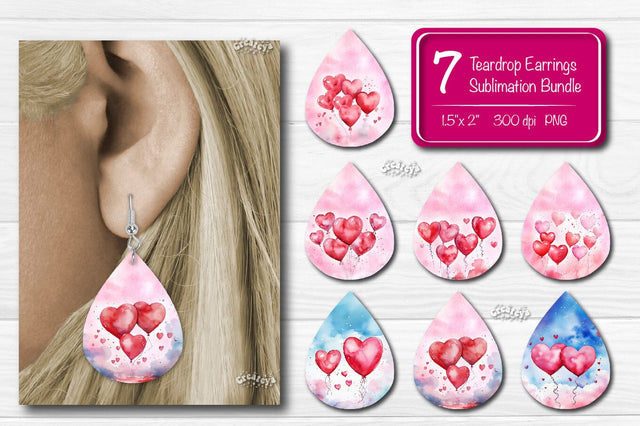 Teardrop Sublimation earring bundle Heart Balloon Sublimation design Valentine Watercolor png Sublimation Createya Design 