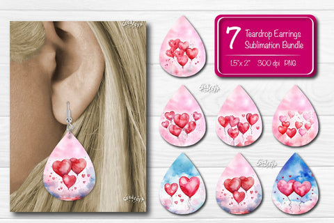 Teardrop Sublimation earring bundle Heart Balloon Sublimation design Valentine Watercolor png Sublimation Createya Design 