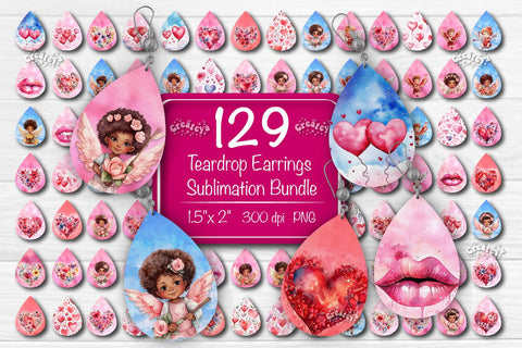 Teardrop Sublimation earring bundle Heart Flower Sublimation design Valentine Hearts Watercolor png Sublimation Createya Design 