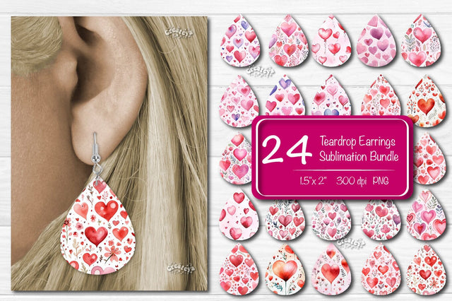 Teardrop Sublimation earring bundle Heart Flower Sublimation design Valentine Hearts Watercolor png Sublimation Createya Design 