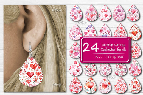 Teardrop Sublimation earring bundle Heart Flower Sublimation design Valentine Hearts Watercolor png Sublimation Createya Design 