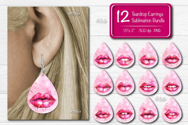 Teardrop Sublimation earring bundle Pink lips Sublimation design Valentine Watercolor png Sublimation Createya Design 