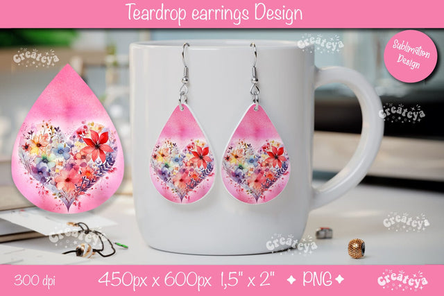 Teardrop Sublimation Earrings – Valentine’s Heart & Flower Print Sublimation Createya Design 