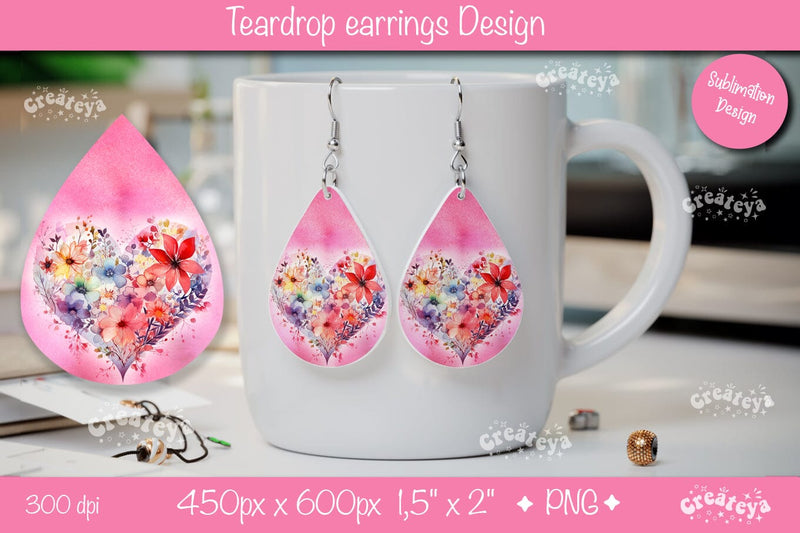 Teardrop Sublimation Earrings – Valentine’s Heart & Flower Print Sublimation Createya Design 