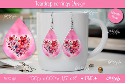 Teardrop Valentine Earrings – Elegant Floral Heart Sublimation Sublimation Createya Design 