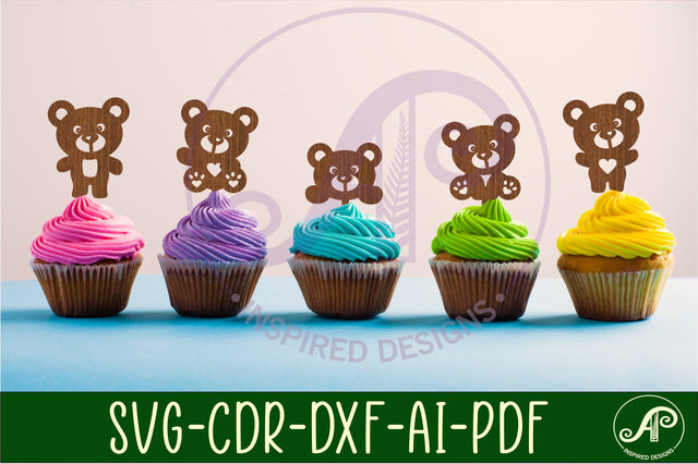 Teddy bear cupcake toppers, 5 designs SVG laser cut SVG APInspireddesigns 