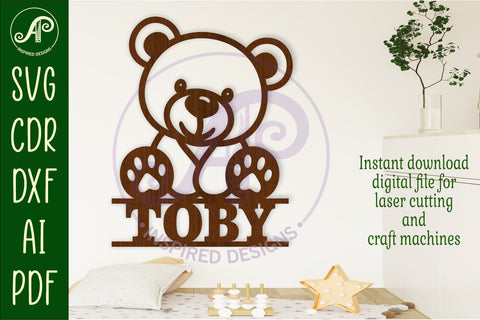Teddy bear name sign svg laser cut file SVG APInspireddesigns 