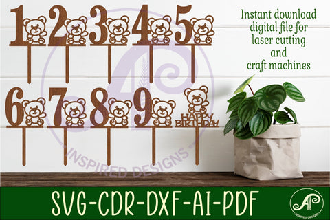 Teddy bear number cake toppers, 10 designs SVG laser cut SVG APInspireddesigns 
