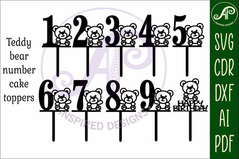 Teddy bear number cake toppers, 10 designs SVG laser cut SVG APInspireddesigns 