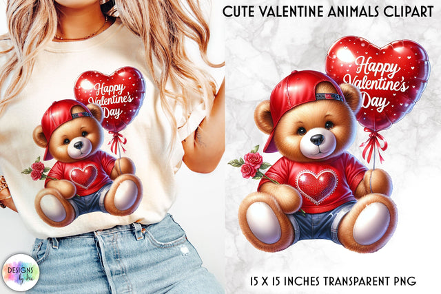 Teddy Bear with Valentine Roses and Heart-Shape Balloon Sublimation Designs by Ira 