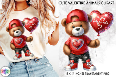 Teddy Bear with Valentine Roses and Heart-Shape Balloon Sublimation Designs by Ira 