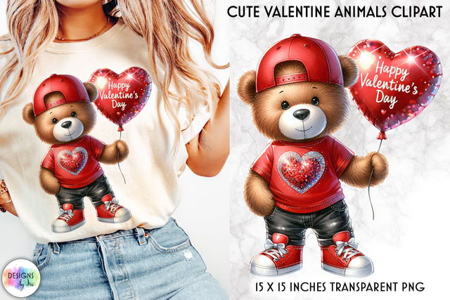 Teddy Bear with Valentine Roses and Heart-Shape Balloon Sublimation Designs by Ira 