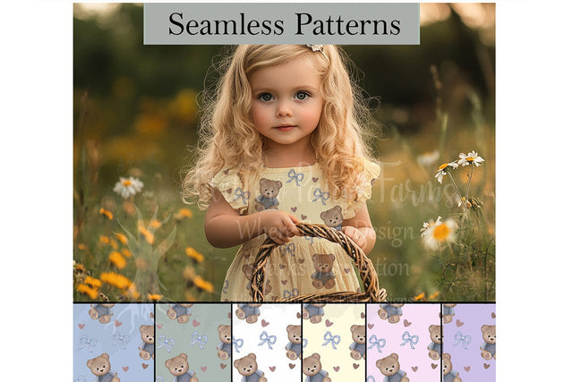 Teddy Bears, Bows & Hearts Seamless Pattern – 6 Background Colors | Digital Download SVG Willow Paige Farms 