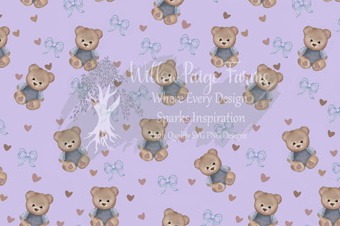 Teddy Bears, Bows & Hearts Seamless Pattern – 6 Background Colors | Digital Download SVG Willow Paige Farms 