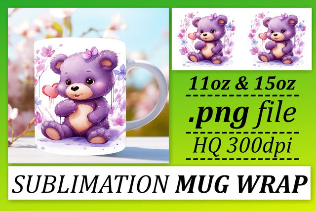 Teddy's Love Tale: Watercolor Mug Wrap - 11oz & 15oz Sublimation afrosvg 