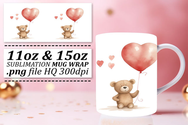 Teddy's Valentines Adventure: Watercolor Mug Wrap - 11oz & 15oz Sublimation afrosvg 