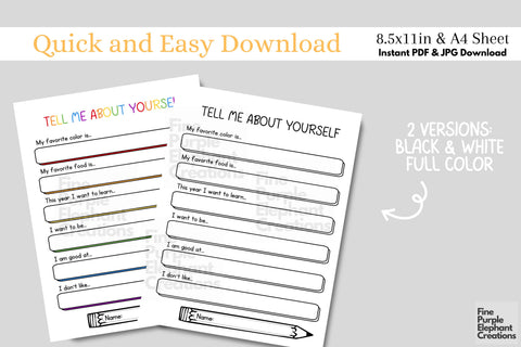 Tell Me About Yourself Printable - Back to School Year Digital Pattern Fine Purple Elephant Creations 