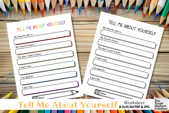 Tell Me About Yourself Printable - Back to School Year Digital Pattern Fine Purple Elephant Creations 
