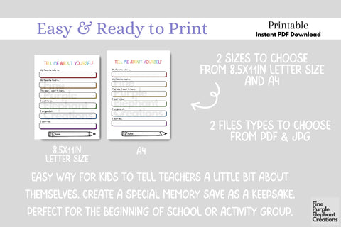 Tell Me About Yourself Printable - Back to School Year Digital Pattern Fine Purple Elephant Creations 