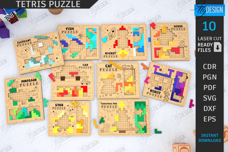 Tetris Puzzle Laser Cut Bundle | Blocks Puzzle | Montessori Toy | Wooden Board Game | Educational Game | CNC Files SVG Fly Design 