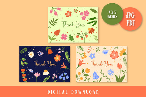 Thank You Cards Digital Download | Printable PDF, JPG Appreciation Cards Vertical, Horizontal | Cute Floral Design | Flowers and Leaves Sublimation AnnaViolet_store 
