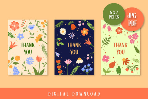 Thank You Cards Digital Download | Printable PDF, JPG Appreciation Cards Vertical, Horizontal | Cute Floral Design | Flowers and Leaves Sublimation AnnaViolet_store 