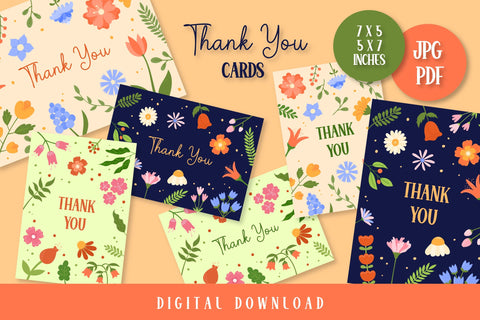 Thank You Cards Digital Download | Printable PDF, JPG Appreciation Cards Vertical, Horizontal | Cute Floral Design | Flowers and Leaves Sublimation AnnaViolet_store 