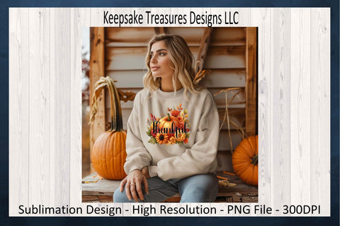 'Thankful' Amidst Vibrant Autumn Floral Arrangement with Pumpkin Centerpiece Sublimation Keepsake Treasures Designs LLC. 