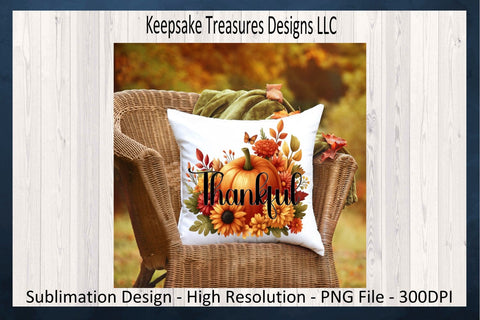 'Thankful' Amidst Vibrant Autumn Floral Arrangement with Pumpkin Centerpiece Sublimation Keepsake Treasures Designs LLC. 