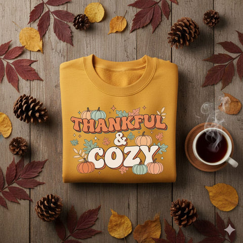 Thankful and Cozy PNG, Fall Quote PNG, Autumn Sublimation Design, Cozy Thanksgiving PNG, Pumpkin Spice Clipart for Shirts, Mugs, Crafts SVG TiffsCraftyCreations 