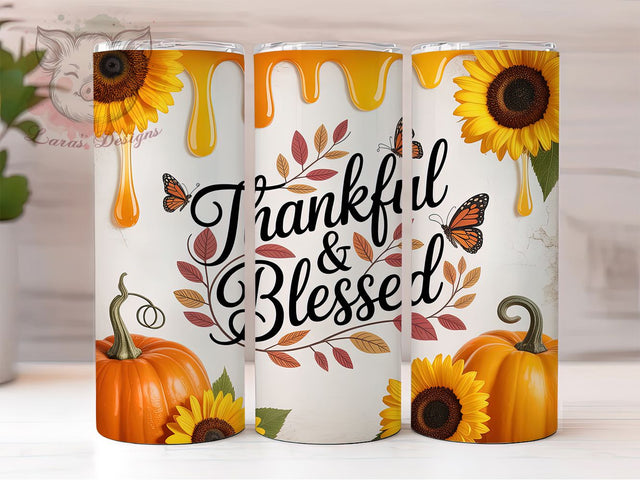 Thankful Blessed 3D Fall Tumbler, Puffy 3D Wrap Design, Thanksgiving Sublimation PNG, Autumn Holiday Tumbler, Rustic Farmhouse Style, 20oz Tumbler Sublimation Sublimation Lara' s Designs 