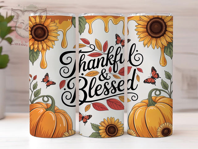 Thankful Blessed 3D Fall Tumbler, Puffy 3D Wrap Design, Thanksgiving Sublimation PNG, Autumn Holiday Tumbler, Rustic Farmhouse Style, 20oz Tumbler Sublimation Sublimation Lara' s Designs 
