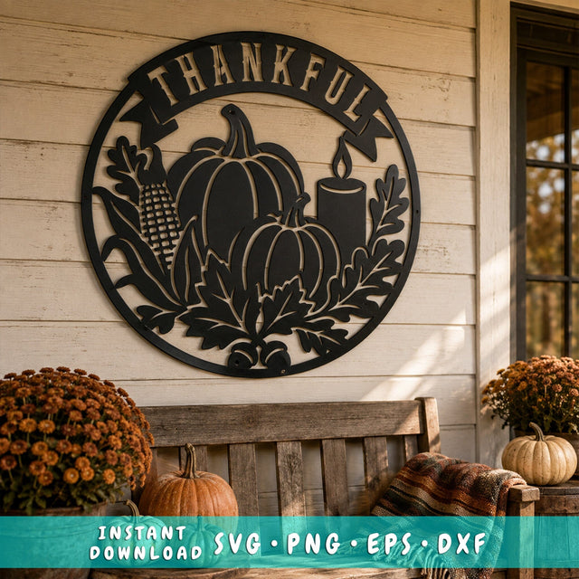 Thankful Fall Sign Laser SVG | Pumpkin Metal Art DXF | Autumn Door Hanger Svg | Thanksgiving CNC File | Farmhouse Fall Decor SVG HappyDesignStudio 