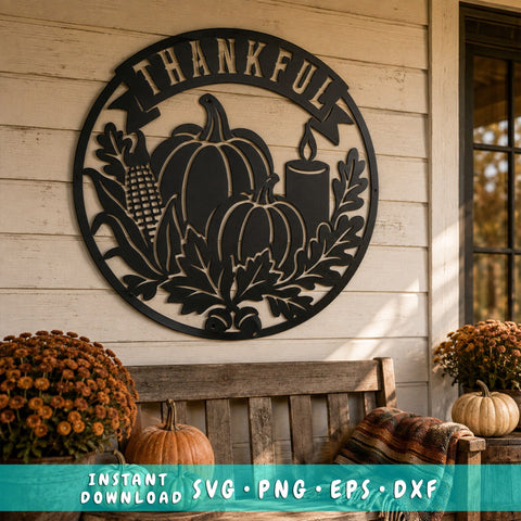 Thankful Fall Sign Laser SVG | Pumpkin Metal Art DXF | Autumn Door Hanger Svg | Thanksgiving CNC File | Farmhouse Fall Decor SVG HappyDesignStudio 