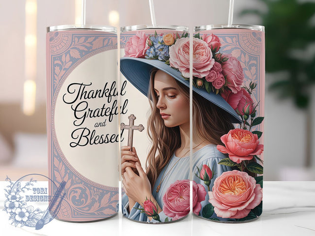 Thankful Grateful Blessed Christian Tumbler, Christian Tumbler Sublimation, Religious Quote Drinkware, 20oz Skinny Tumbler Wrap, Faith Based Sublimation Design, Inspirational Christian Wrap, Blessed Quote Sublimation ToriDesigns 