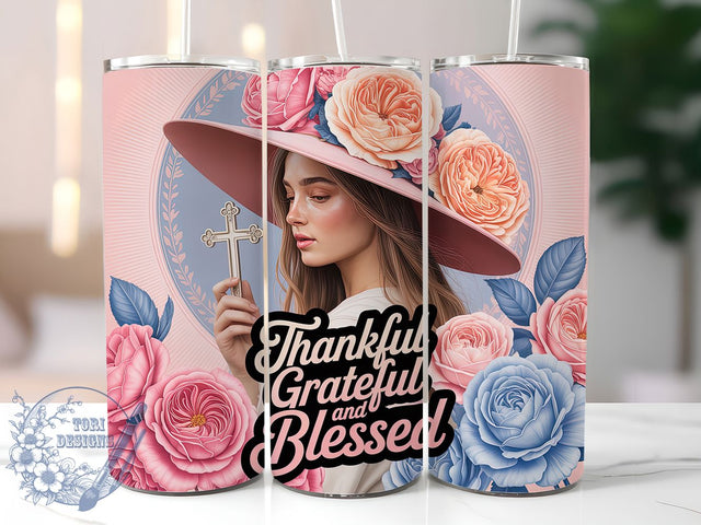 Thankful Grateful Blessed Christian Tumbler, Christian Tumbler Sublimation, Religious Quote Drinkware, 20oz Skinny Tumbler Wrap, Faith Based Sublimation Design, Inspirational Christian Wrap, Blessed Quote Sublimation ToriDesigns 